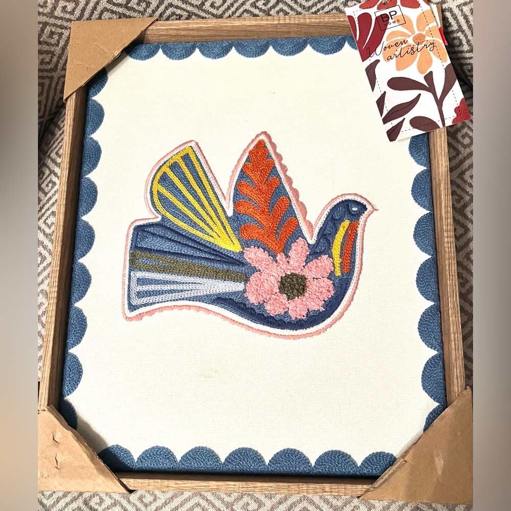 NEW BP Home Textile Embroidery Dove Woven Wall Art 12” x 15" Folk Art.Wood Frame